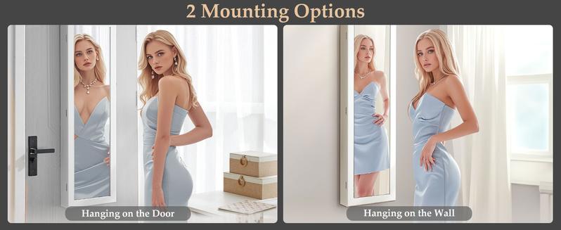 【Valentine's Day gift】Full-Length Mirrored Jewelry Cabinet with Built-In Makeup Mirror,Lockable Storage Cabinet with 2 Drawers