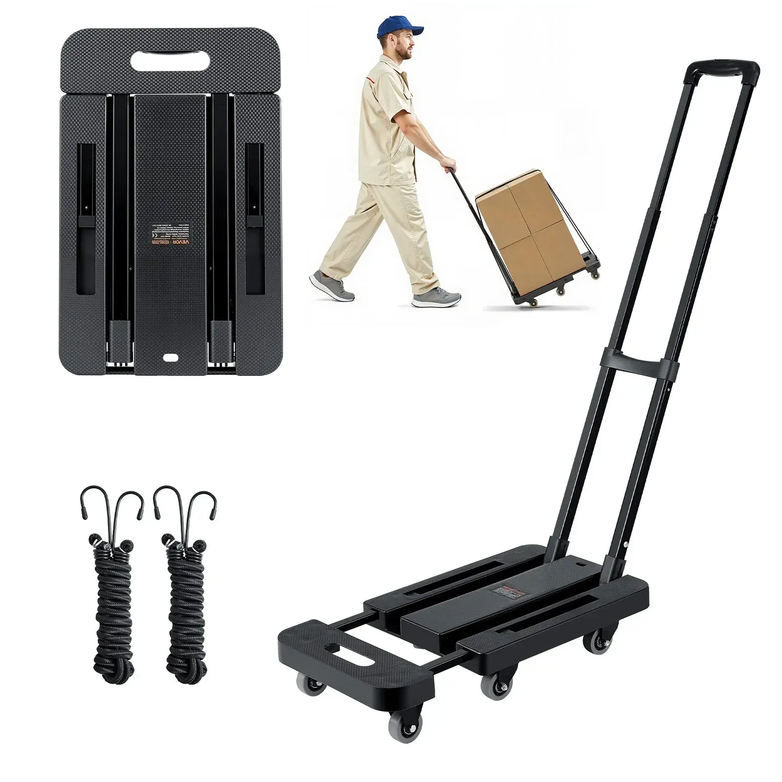 500 lbs Folding Hand Truck, Collapsible 6-Wheel Luggage Cart with Expandable Base & 2 Elastic Ropes, Utility Dolly for Airport Travel, Office Moving (Black)