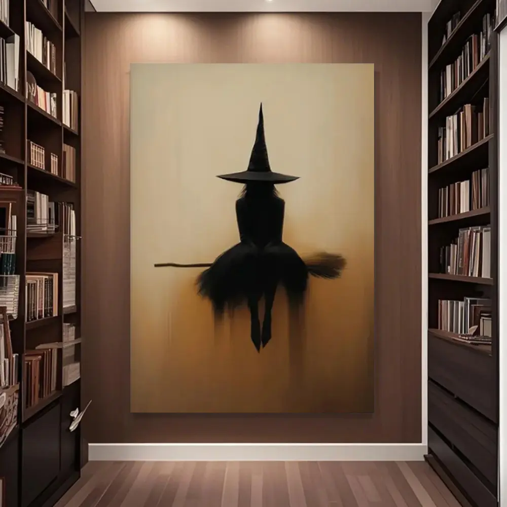Witch Broom Artistic Canvas Print, Beige & Black Modern Minimalist Gothic Indoor Decoration, Living Room Hanging Wall Art for Halloween Decorations, Holiday Gift Kit,dorm decor,dorm room decor