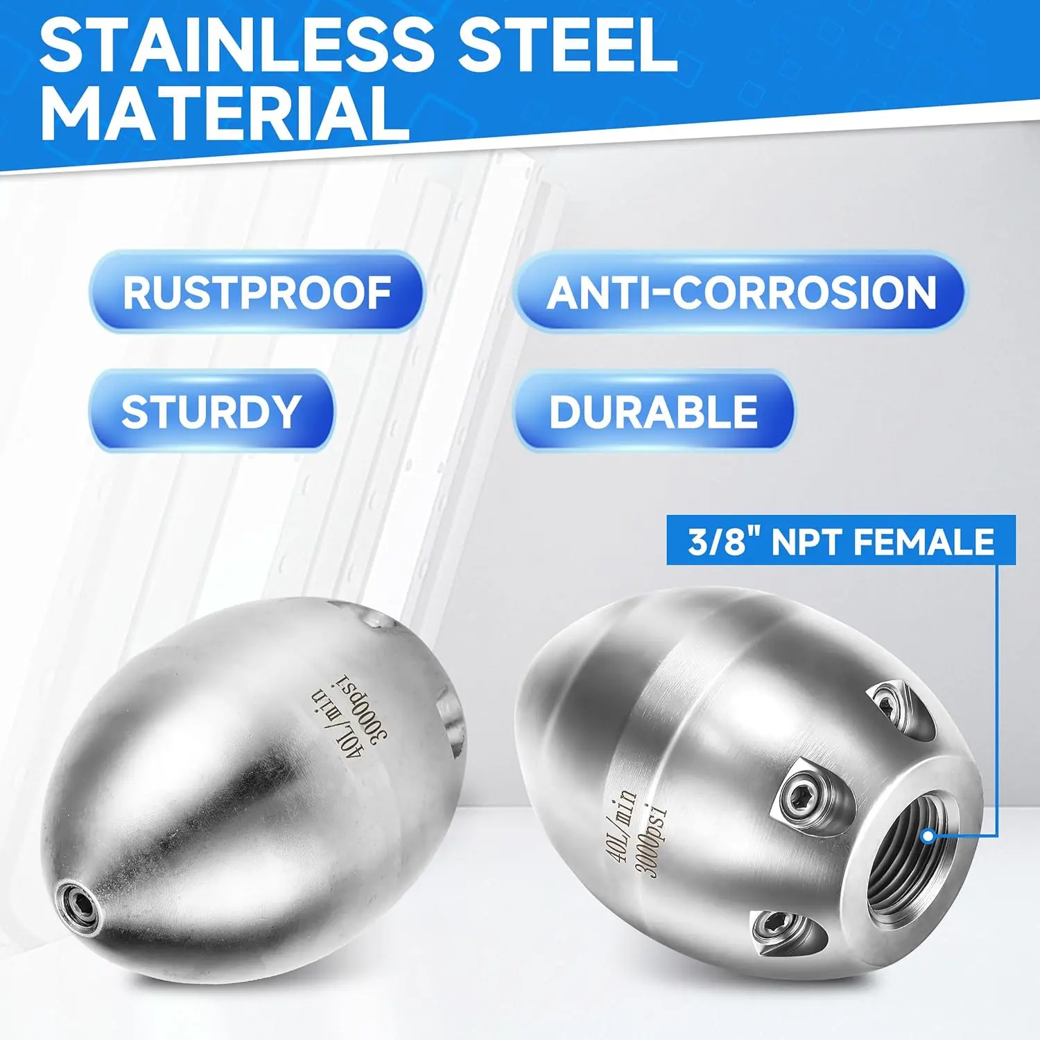 Tool Daily 3/8” NPT High Pressure Sewer Jetter Nozzle for Pressure Washer, Stainless Steel Drain Cleaning Nozzle, 40 L/Min, 3000 PSI, High Pressure Nozzles