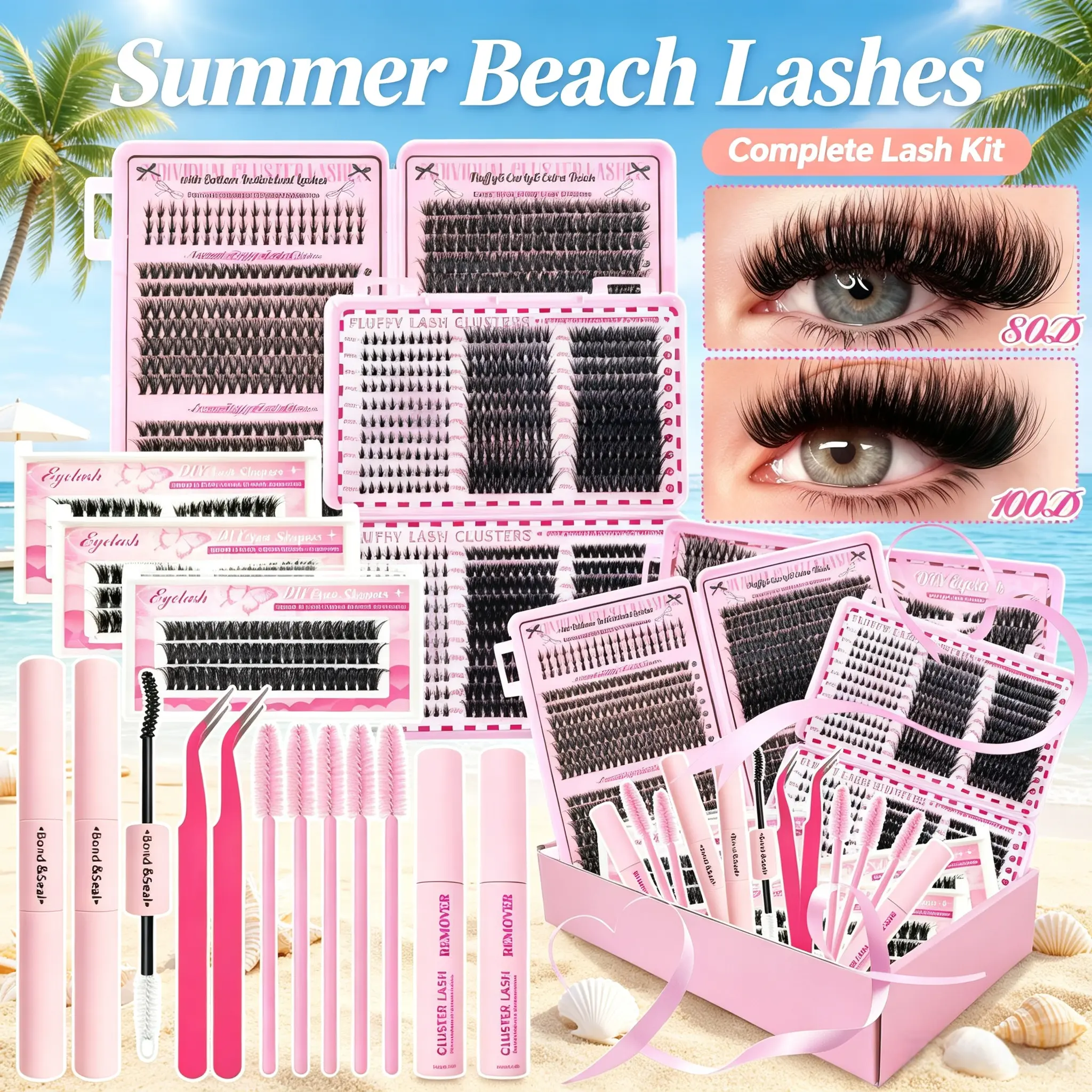 Lash Clusters Kit 2080Pcs Individual Cluster Lash Extensions Kit Wispy Natural Cat Eye 40D+50D+60D+80D+100D Wispy Eyelash Clusters with Lash Bond and Seal and Tweezers Mixed Length 6 Styles Mix Lashes Clusters Kit for Beginners Makeup Cosmetic