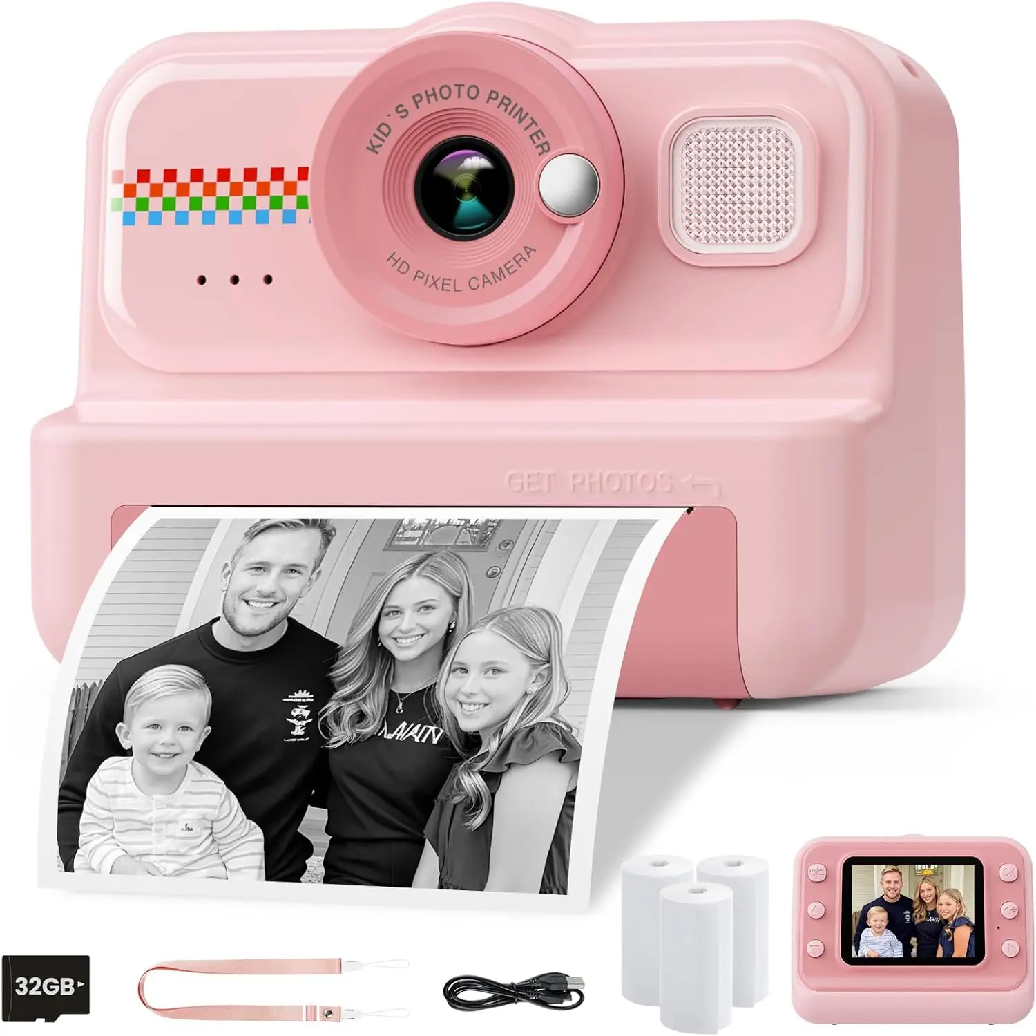 Print Camera, 1080P  with 3 Rolls Print Paper & 32GB Card, Selfie Digital Camera for , Ideal  for Boys & Girls  3-14 ()