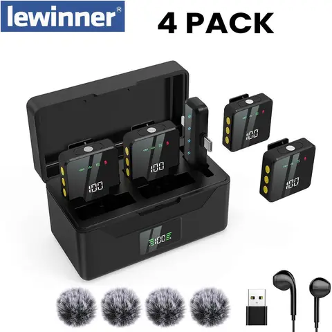 Lewinner Upgraded Chargeable 2-in-1 Connector Wireless Microphone with Charging Case, Noise Cancelling USB-Type-C-Lightning Plug, Built-in Li-ion Battery, Reverb/Mute Function, Clip, 2-4 People Outdoor Vlogging Equipment for iPhone iPad Android Recording