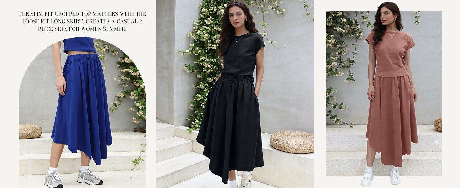SCUSTY Women‘s Minimalist Cap Sleeve T-shirt + Asymmetrical Hem Midi Skirt Two-Piece Set, Solid Color Elastic Waist Casual Skirt Outfit