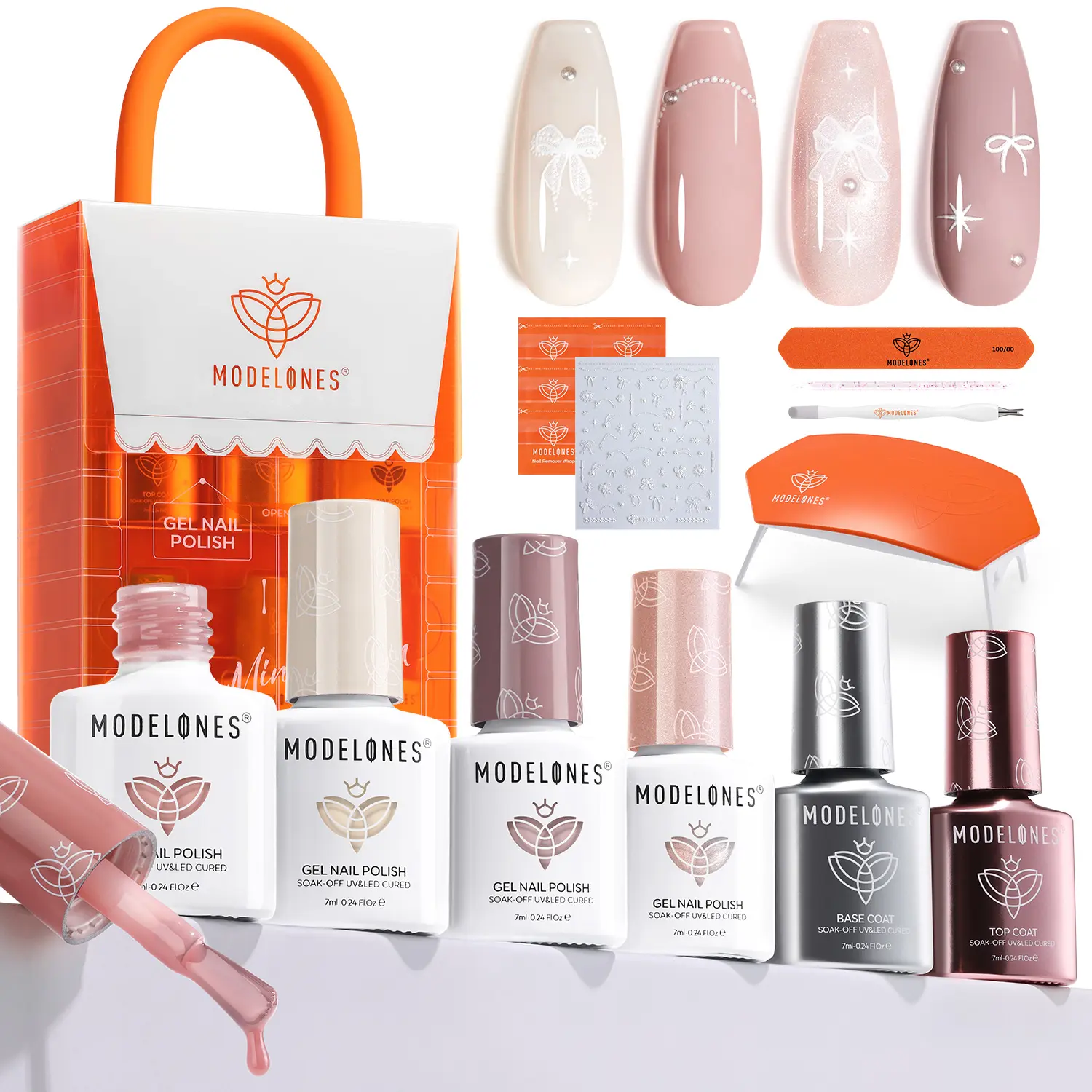 MODELONES Gel Nail Polish Kit with U V Light, Gel Mini Salon, Milky White, Nude, Pink, Glitter Manicure Set, Base & Top Coat, Stickers