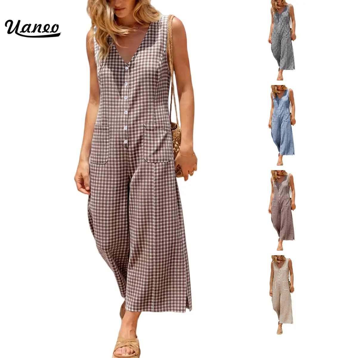 UANEO Women's Cotton Plaid Jumpsuits Button Down Sleeveless Wide Leg Checkered V Neck Gingham Overalls Adjustable Waist Back Tie Loose Fit Rompers with Pockets Summer Fall Casual Womenswear SohoChic Back to School Outfits