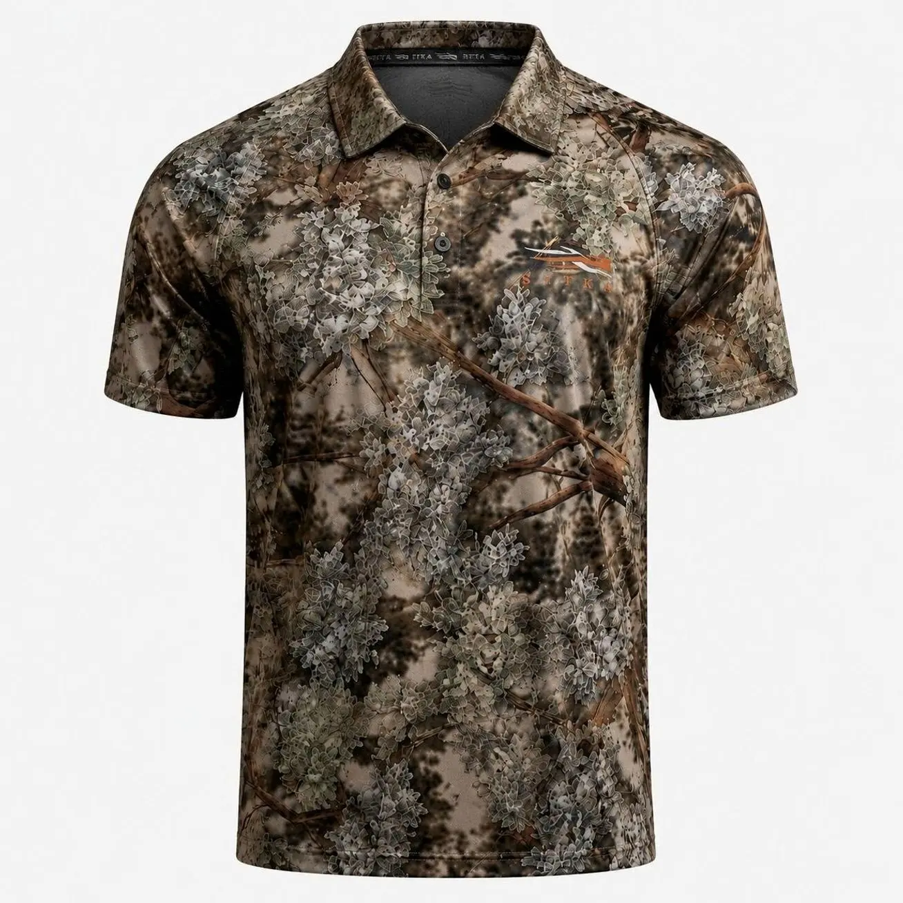 SITKA Men's Woodland Camo Hunting Polo Shirt – Short Sleeve Outdoor Performance Shirt for Hunting, Fishing & Camping
