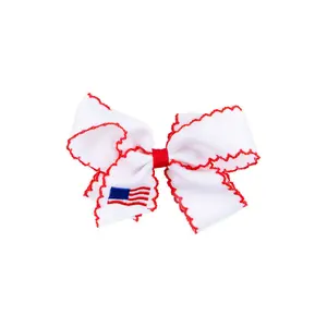 Flag Embroidered Hair Bow - Girls Patriotic White Ribbon Hair Clip with Red Moonstitch Trim