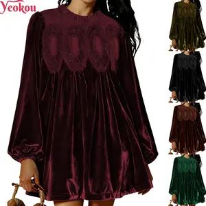Yeokou Women's Velvet Lace A-Line Babydoll Mini Dress Long Sleeve Scallop Neck Flared Wedding Party Dress Winered Fit Skirt with Pleats & Crewneck Elegance Formal Womenswear