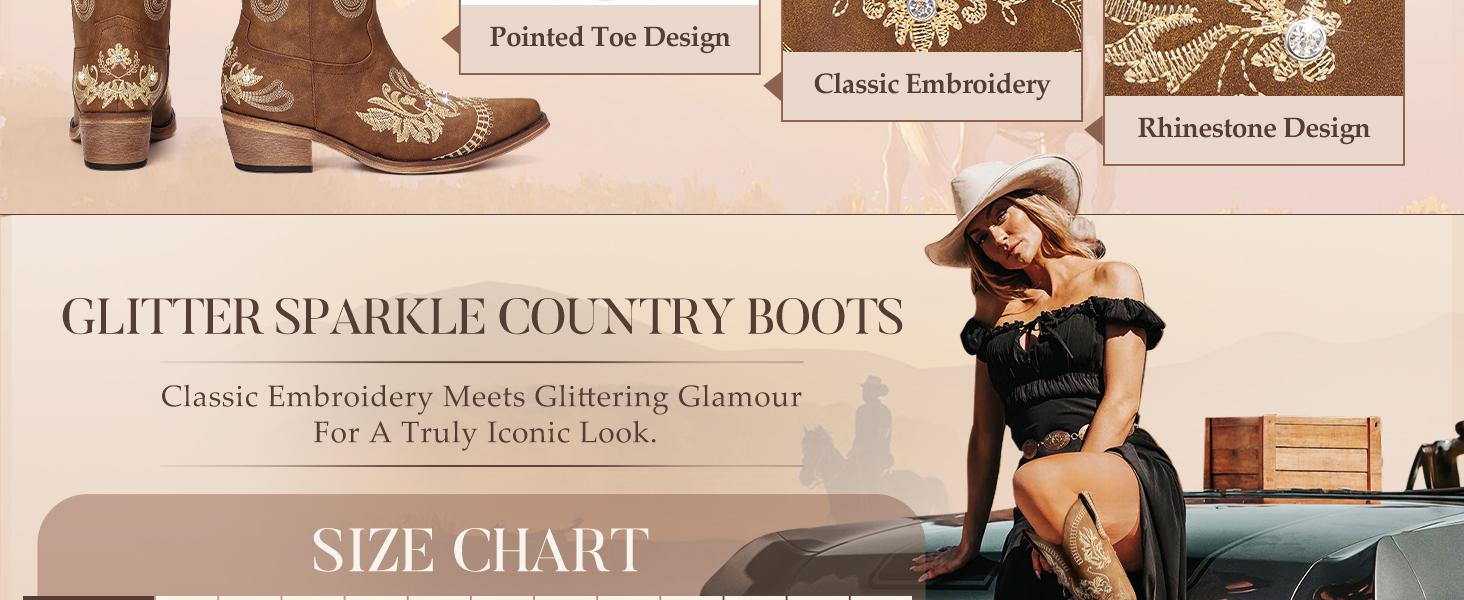 Women's Cowboy Boots - Wide Calf Knee-High Western Boots with Classic Embroidery, Sparkling Rhinestone Accents, Pointed Toe, and Convenient Pull-On Zipper Design