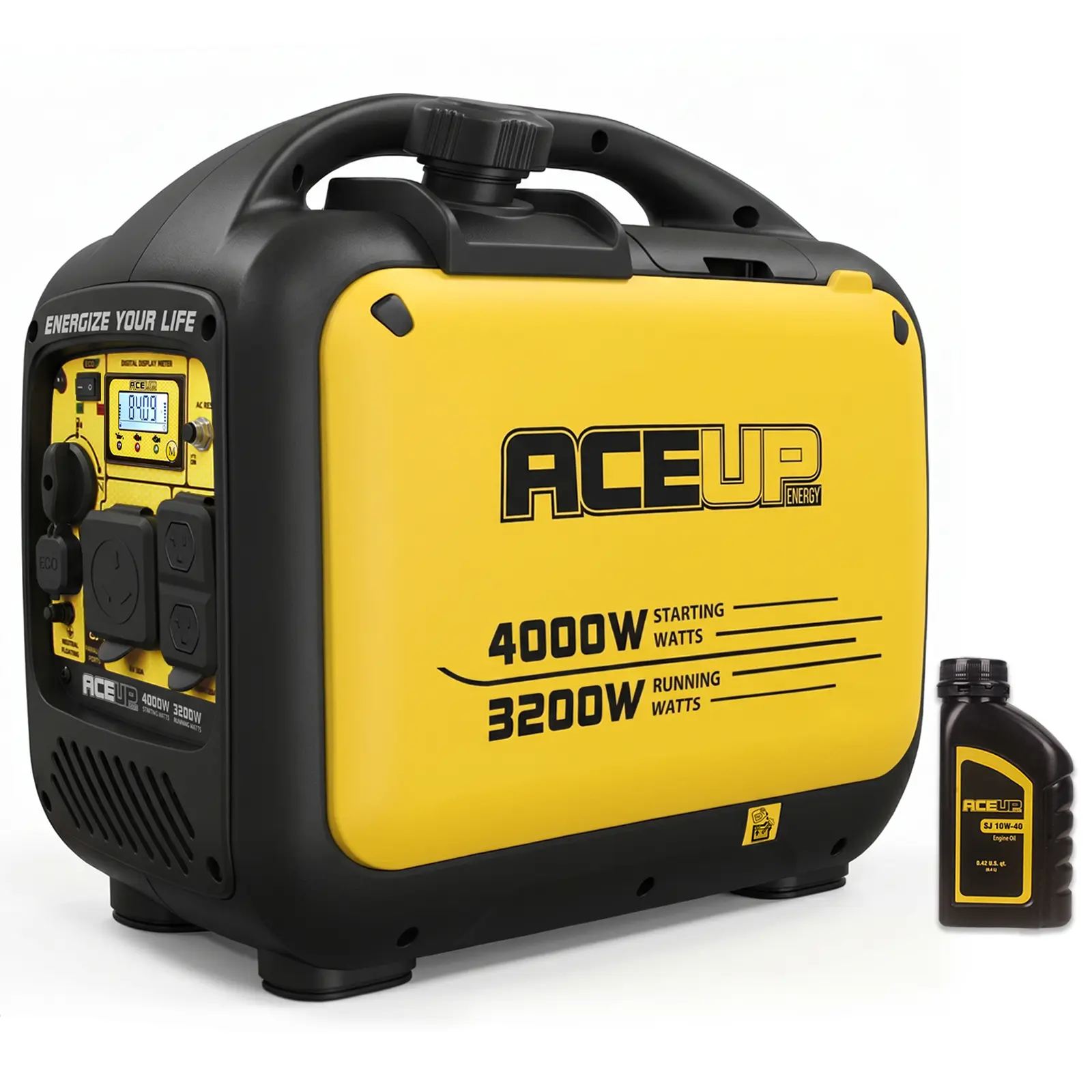 ACEUP ENERGY AI4000FS 4000W Compact Portable Generator - 120V, 12V Battery Charging, 3200W Capability, Clean Power, ECO Fuel-Saving, Full Protection, Metal, Flat Base, Engine Oil, Generator for Camping, Home Backup, Outdoor Generators