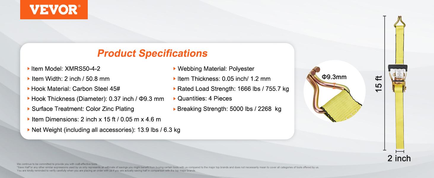 VEVOR Ratchet Tie Down Straps (4PK), 5000 lb Break Strength, Double J Hook Includes 4 Premium 2" x 15' Rachet Tie Downs with Padded Handles, for Moving Securing Cargo, Appliances, Lawn Equipment