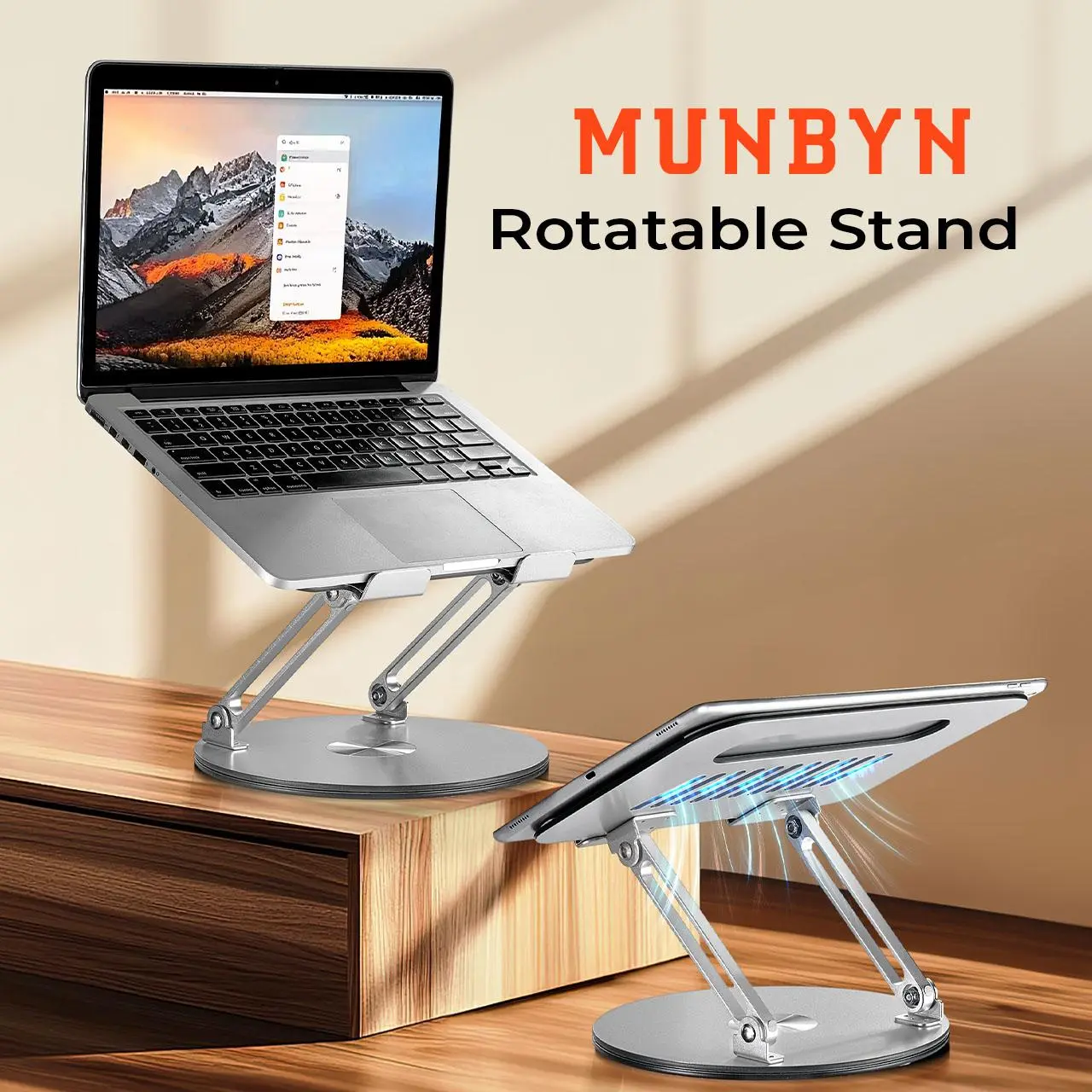 MUNBYN Laptop Stand with 360 Rotating Base Adjustable Portable Aluminum Laptop Stand, 2-in-1 Multifunctional Laptop Stand for desk & Gaming laptop & Mobile stand,Gray gear computer,back to school,back to school shopping