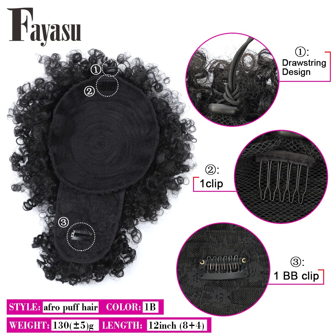 Fayasu Afro Puff Drawstring Ponytail with Bangs Short Ponytail Hair Extension Black Girl Kinky Curly Hair Clip in Bangs Updo Hairpieces for Black Women (1B)