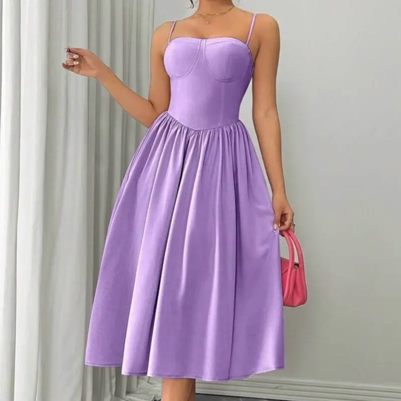 Purple Fashion Versatile Date Party Spaghetti Strap Waist Flared Dress For Women Summer