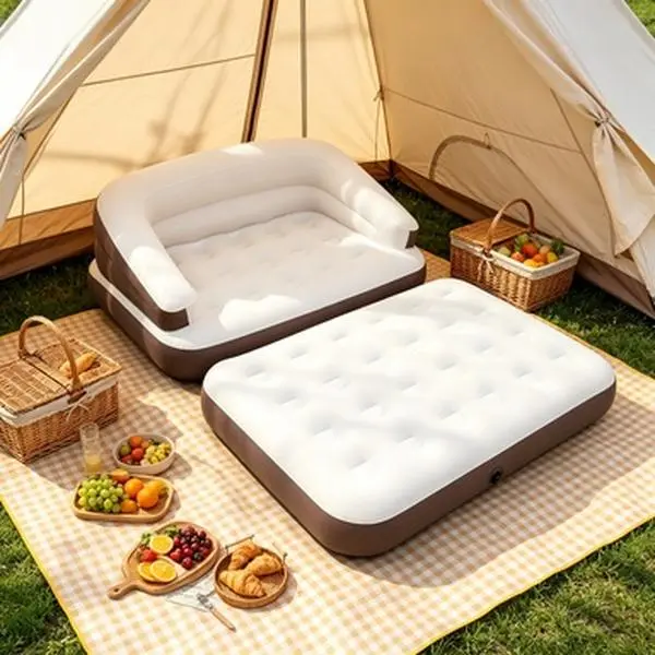 5-in-1 Folding Inflatable Futon Sofa Bed with Air Pump - Comfy Couch, Dual Sizes Mattress, Deep Seat, High Backrest, Headboard Support, Lightweight, Compact Fold Saves Space on Trips, Portable Camping Furniture