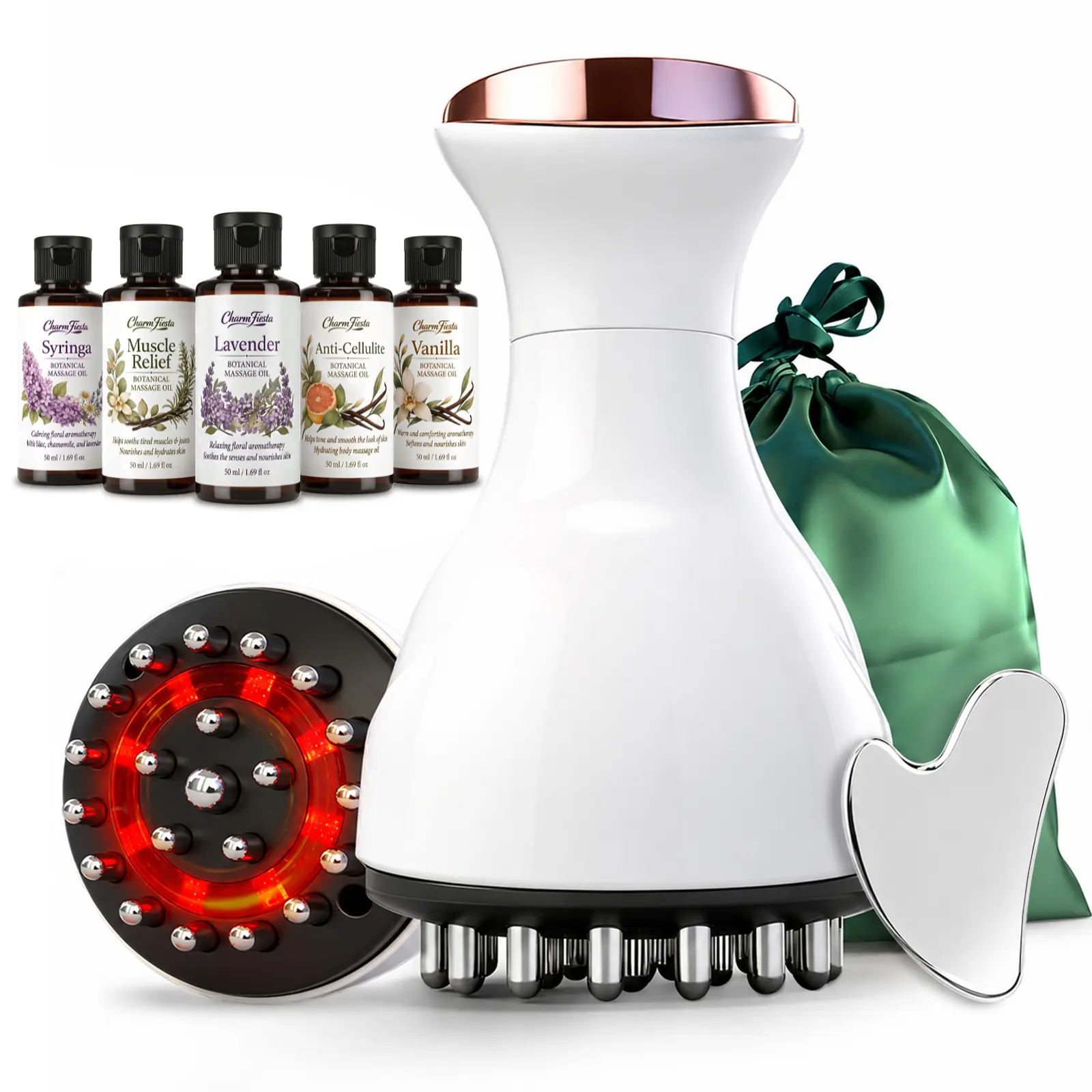 Handheld Heat & Vibration Full Body Massager Kit - 5 x 50ml Massage Oils (Lavender, Vanilla, Sore Muscle, Syringa, Smooth Cellulite), Gua Sha Tool, Traditional Self Care Bundle Box for Daily Firming Therapy (Neck, Back, Arms)