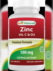 Best Naturals Zinc 100 mg with Vitamin C & D3 180 Tablets Gluten Free and Non-GMO