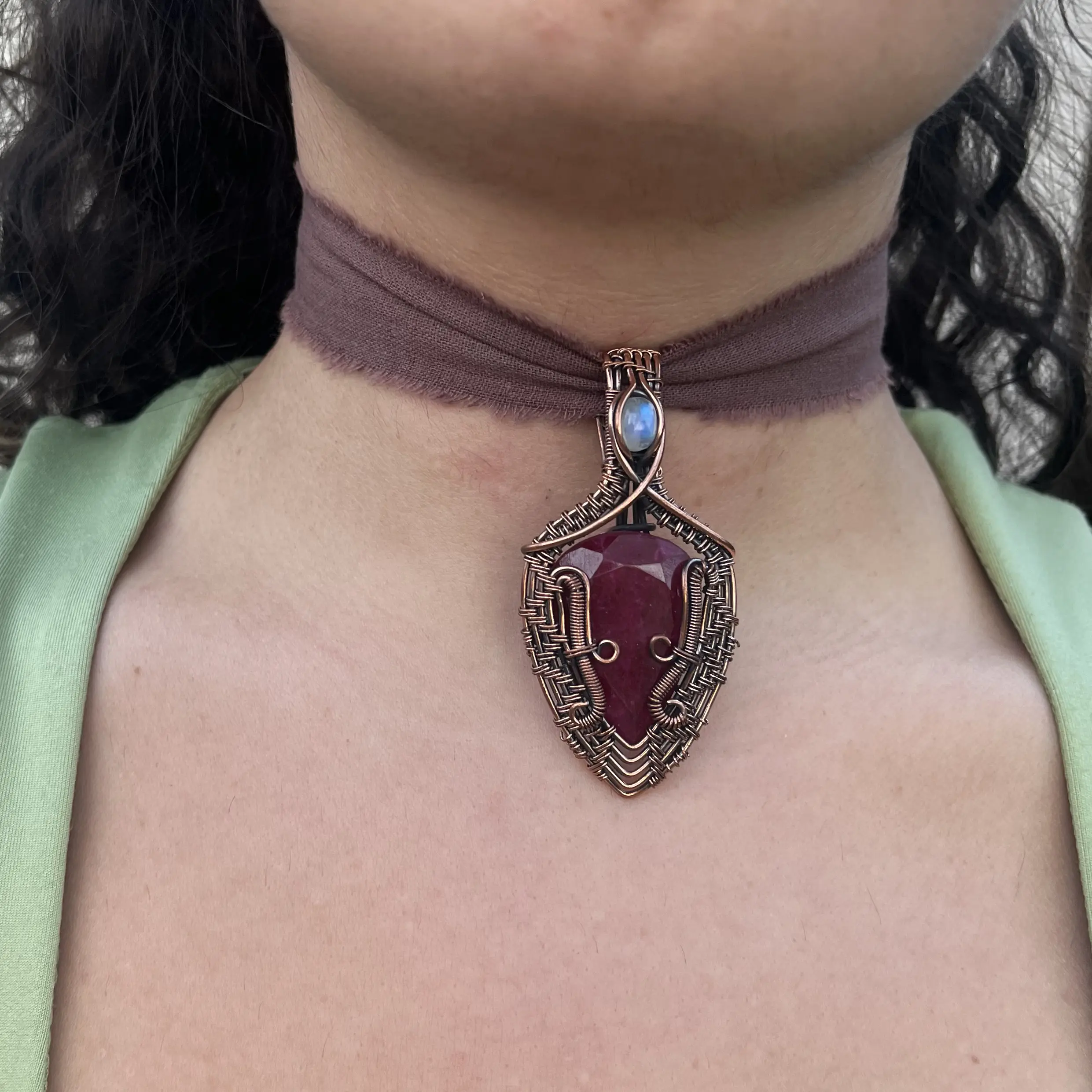 Handmade Copper Wire-Wrapped Ruby Quartz Gemstone Choker, on 100% Cotton Ribbon Cord