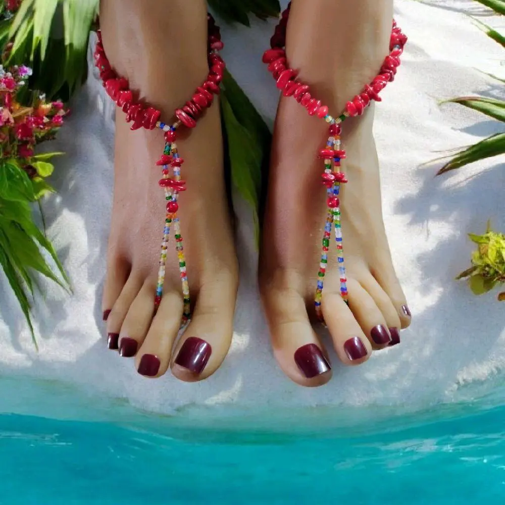 Women's Bohemian Red Open Toed Sandals - Multicolored Beads Upper, No-Heel Barefoot Relaxed Fit Beachwear Anklet Sandals for Outdoor Use