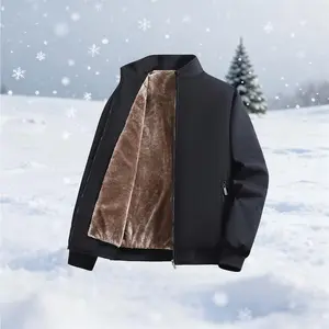 Men's Fleece-Lined Stand Collar Jacket with Zippered Pockets,Plain Color,Thick Warm Fabric for Fall Winter Daily Wear,Size XS-5XL.