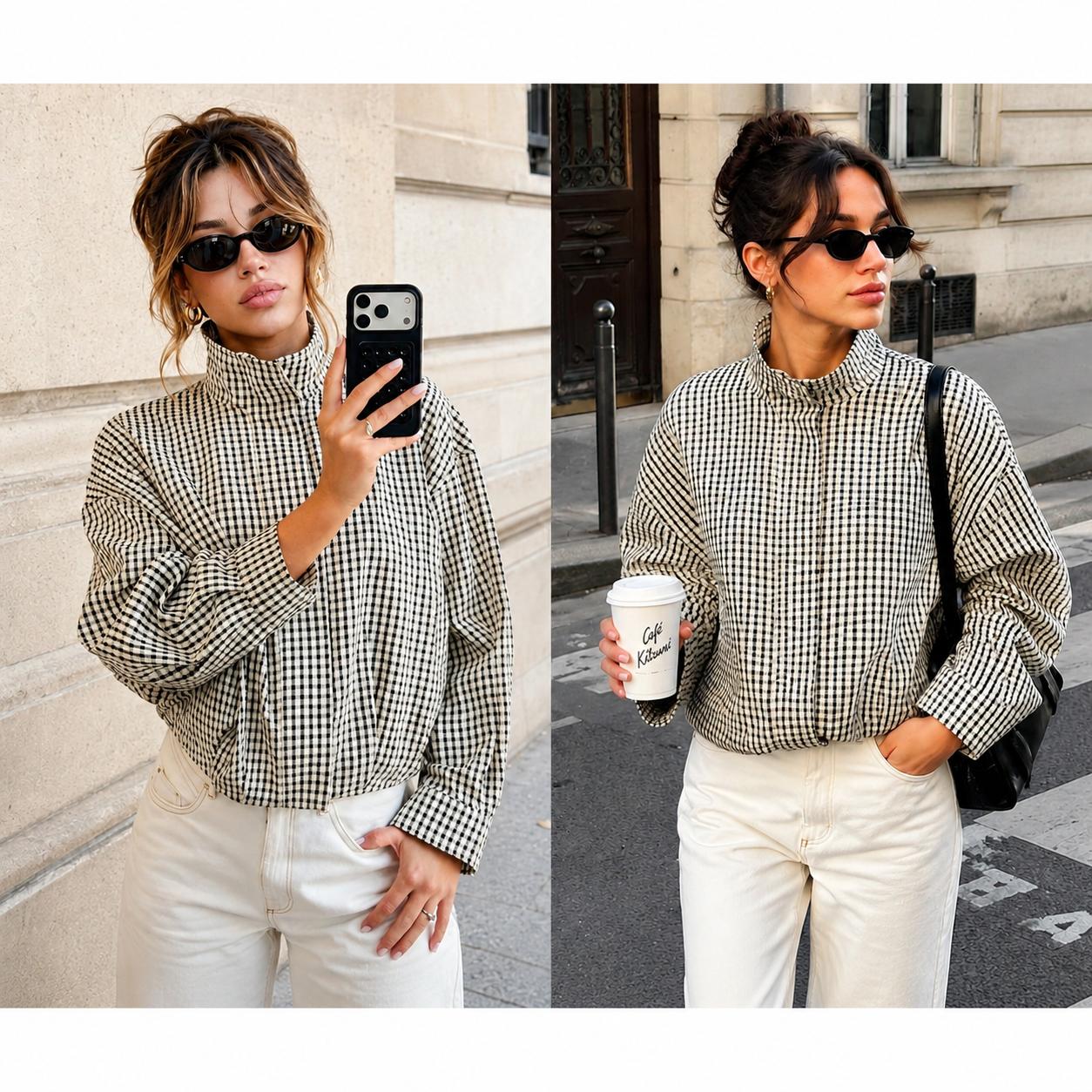 Wandal Women Stand High Neck Gingham Blouse, Oversized Balloon Long Sleeve Vintage Checkered Shirt, Loose Casual Woven Plaid Top