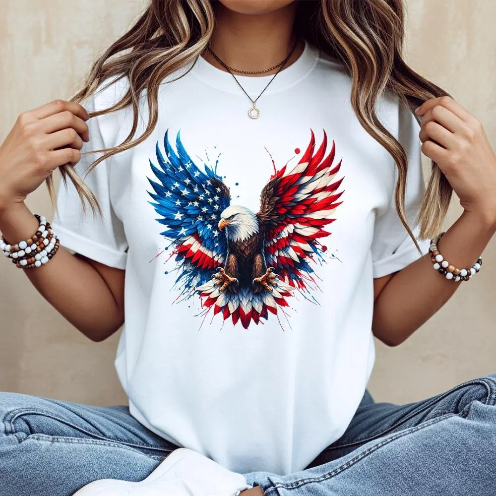 American Eagle Flag Design Cotton Casual Crew Neck Short Sleeve Regular Sleeve Summer T-Shirt Machine Washable Do Not Dry Clean Made In USA