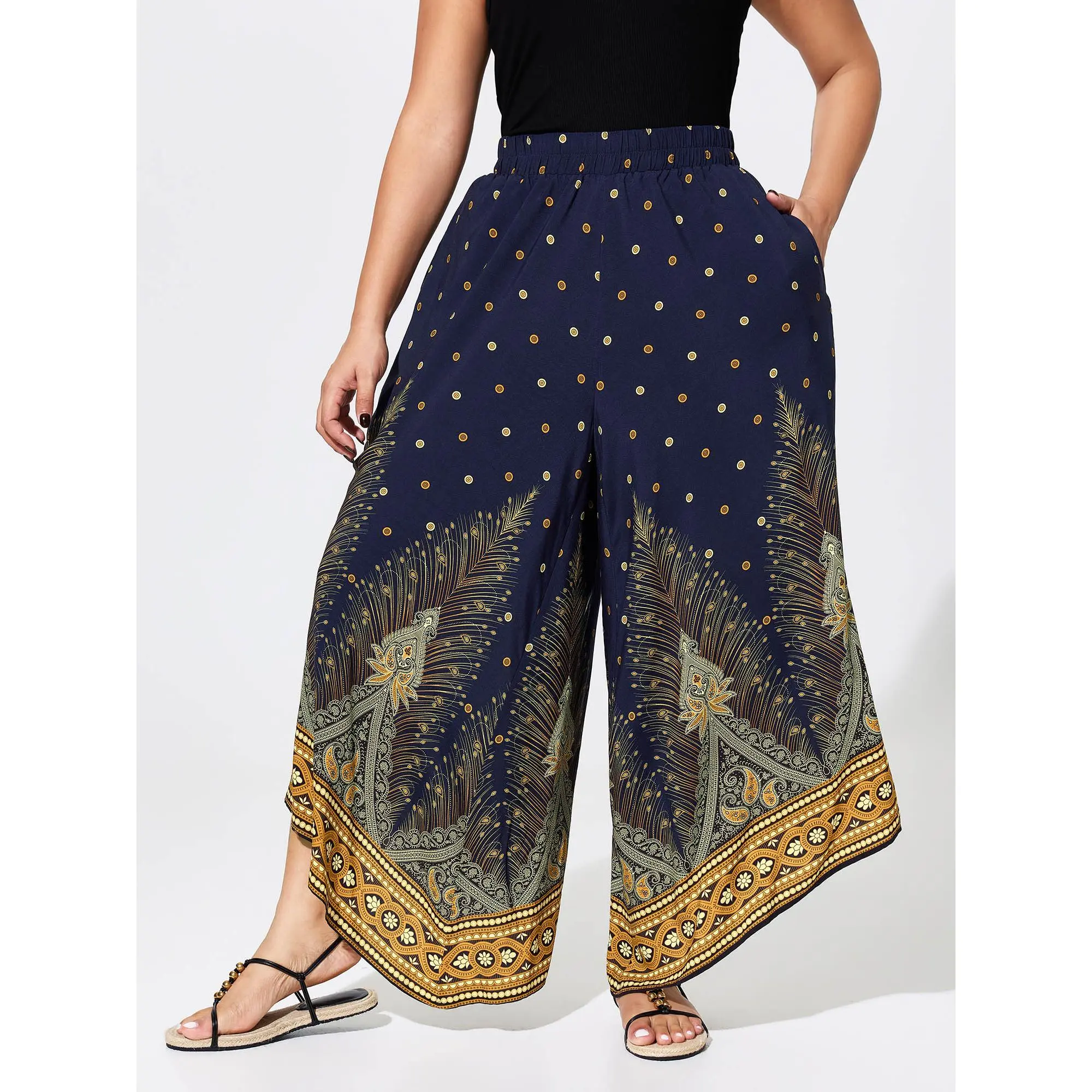 BloomChic Women's Plus Size Boho Paisley Print High Waist Smocked Wide-Leg Pants - 100% Rayon Lightweight Fabric, Casual, Smooth, Side Pockets, Oversized Trousers, Pants for Women, Bottoms