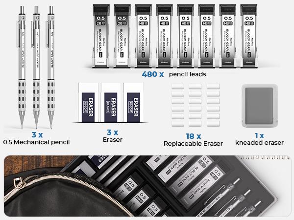 Nicpro 3Pack Blocky Gear 0.7 mm Metal Mechanical Pencils Set with Case, Lead Drafting Pencil with 8 Tube (480Pack) Lead Refills(HB 2B), 4 Erasers, 18 Eraser Refills for Art Writing, Sketching Drawing