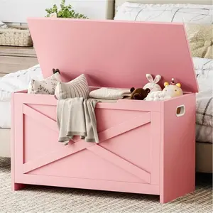 Pink 30 in Storage Chest, Wooden Storage Bench with Safety Hinge, Easy Assembly, Large Shoe Bench for Entryway, Living Room, Bedroom
