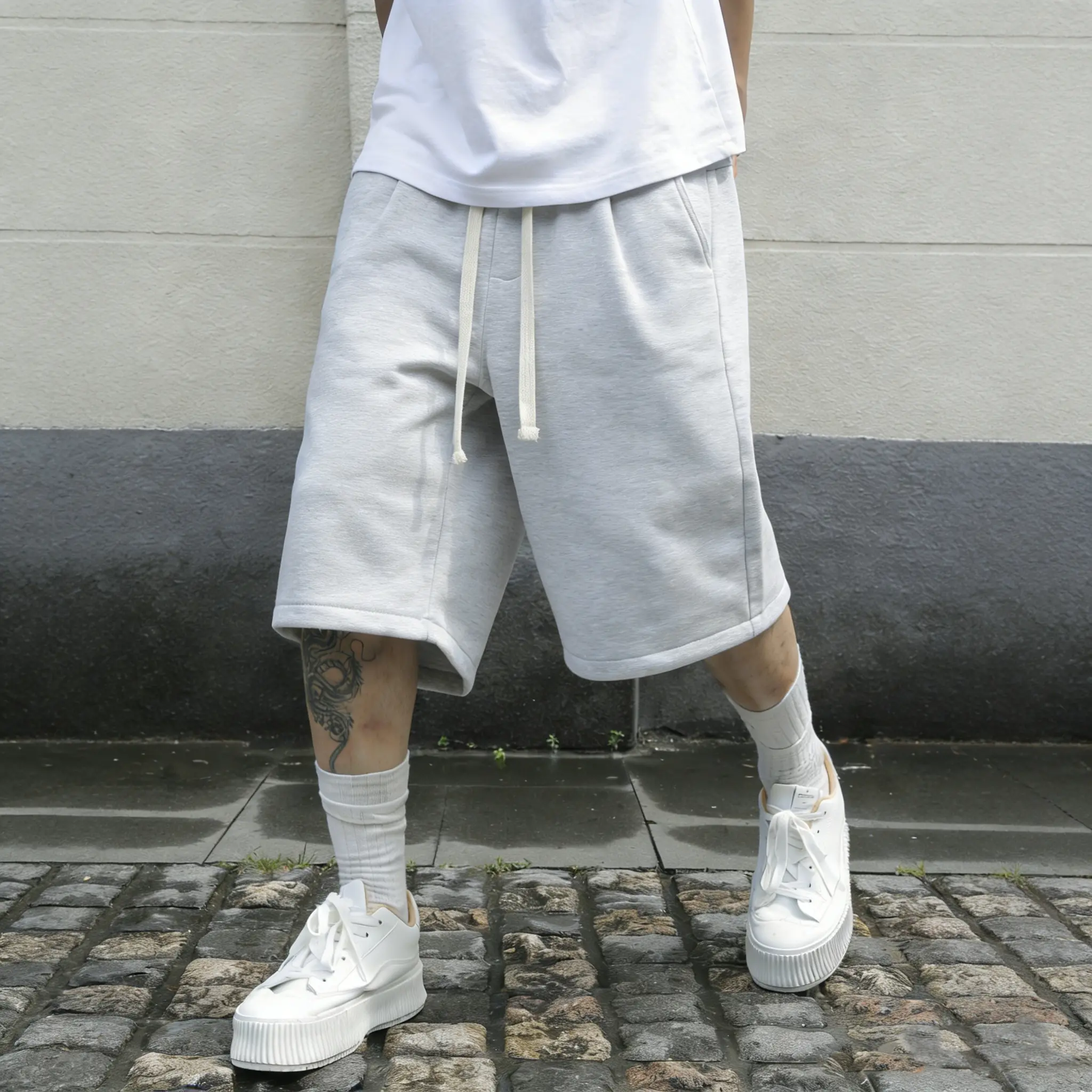 Men's Knitted Cropped Joggers, Heavyweight Solid Relaxed Fit 3/4 Pants for Leisure Wear with Zipper Pockets and Adjustable Drawstring