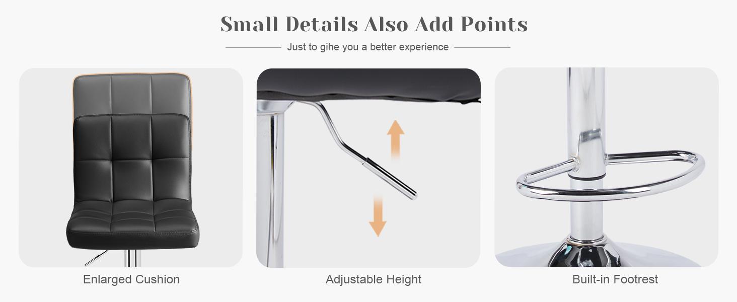 Swivel Barstools Set of 2 in PU Leather with Hydraulic Lift, Kitchen Counter Height Stools Featuring Thickened Seat Cushions and Back