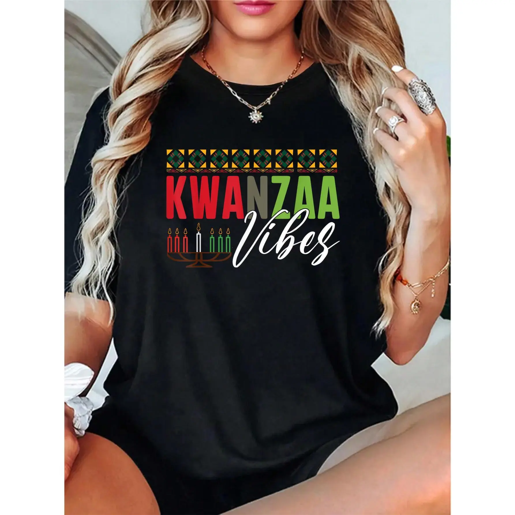 Women's Happy Kwanzaa Short-Sleeve Round Neck T-Shirt - Unisex Black Heritage High Def Print Tee, Fit & Relaxed Fit Streetwear, Casual Holiday Graphic Top, Soft Breathable Fabric 100% Cotton