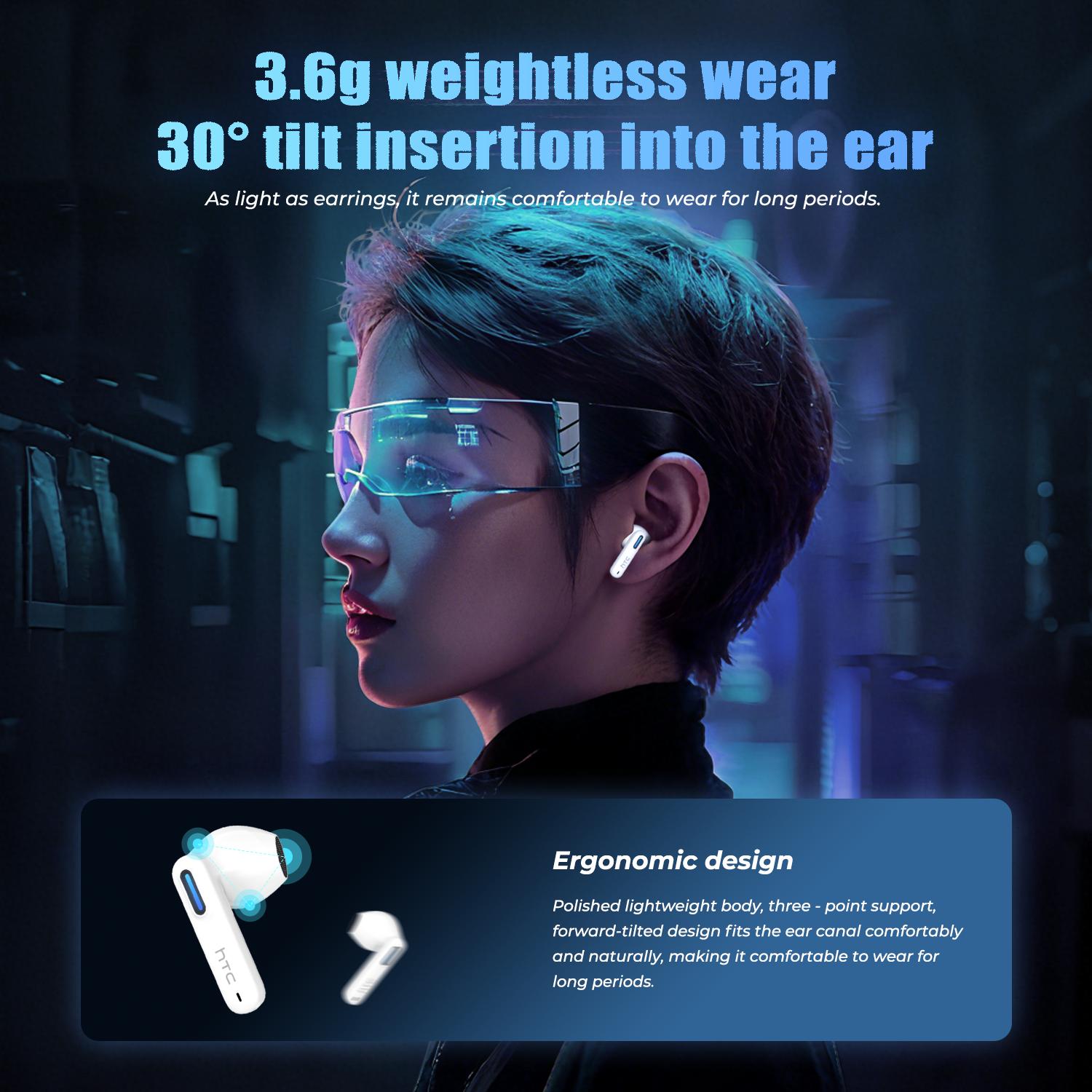 HTC NE49 Wireless Earbuds Bluetooth 6.0 Gaming Headsets High Fidelity IPX5 Waterproof, Suitable for Office, Sports, Study and Audio Calls, Built-in Microphone, TWS Earphones