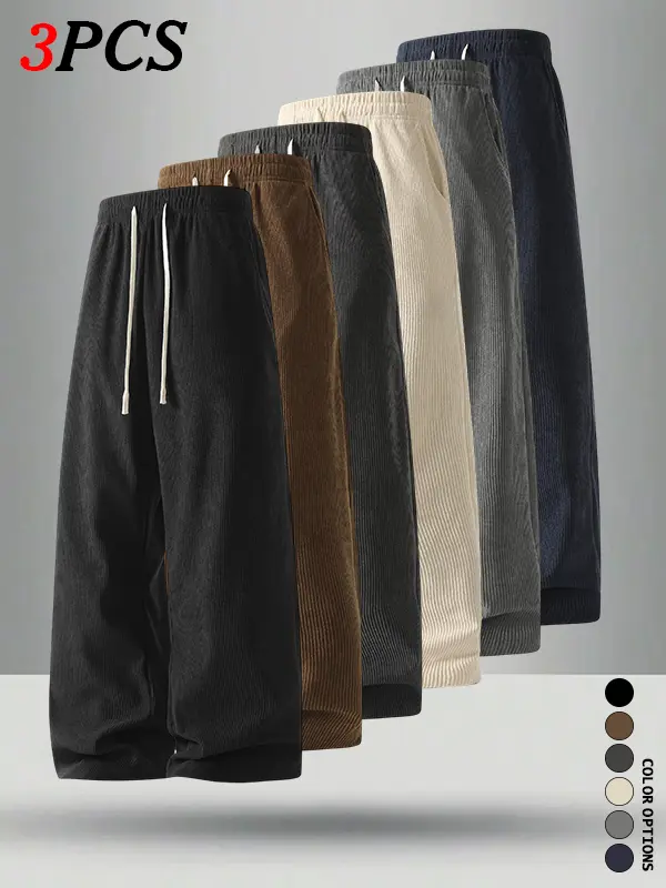 3-Pack Men’s Summer Corduroy Straight-Leg Pants — Casual, Loose, Versatile Athletic Style