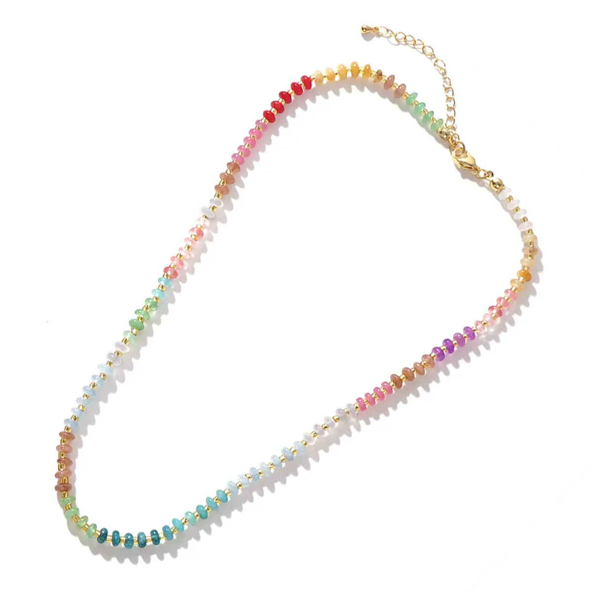 Women's Short Bohemian Rainbow Round Stones Necklace - Exquisite Nylon Bead Jewelry with Adjustable Extension Chain, Ideal for Daily Wear