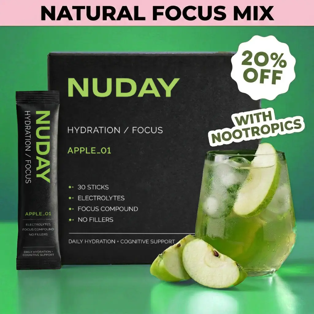 NUDAY Focus + Hydration Electrolyte Mix with Nootropics - Green Apple - 1,300mg+ Electrolytes, L-Theanine, L-Tyrosine, Sugar-Free, Vegan & 100% Natural. The Smarter Daily Hydration.