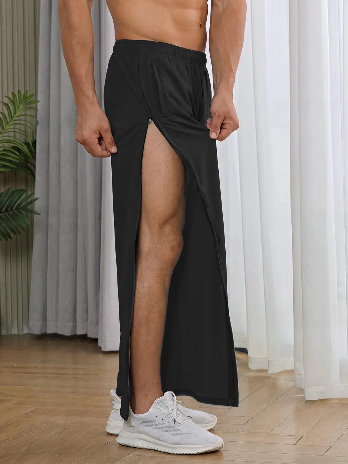 Socofy Men's Tear Away Pants 2 Side Snap Open Bottom Sweatpants Loose Fit Casual Post Surgery Pants with Pockets