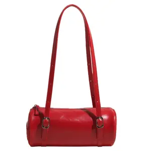 Red Round Cylinder Bag for Women Retro Crossbody Handbag Shoulder Bag with Adjustable Strap, Bridal Purse for Wedding Valentine’s Day