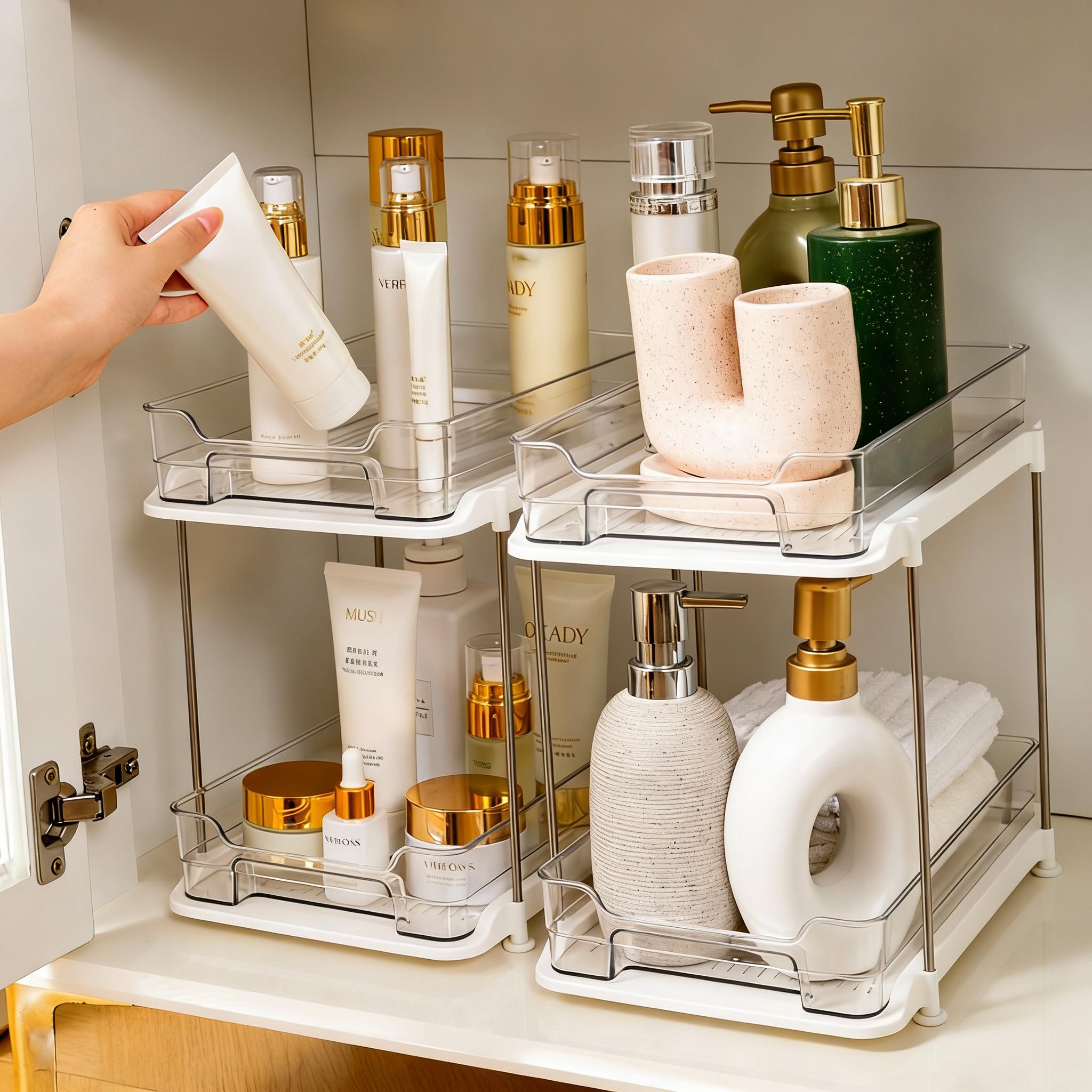 UFORU Two-Tier Multifunctional Under-Cabinet Bathroom Storage Rack, Stackable Kitchen Organizer System with Adjustable Dividers & Pull-Out Medicine Box for Efficient Bathroom Supplies Storage