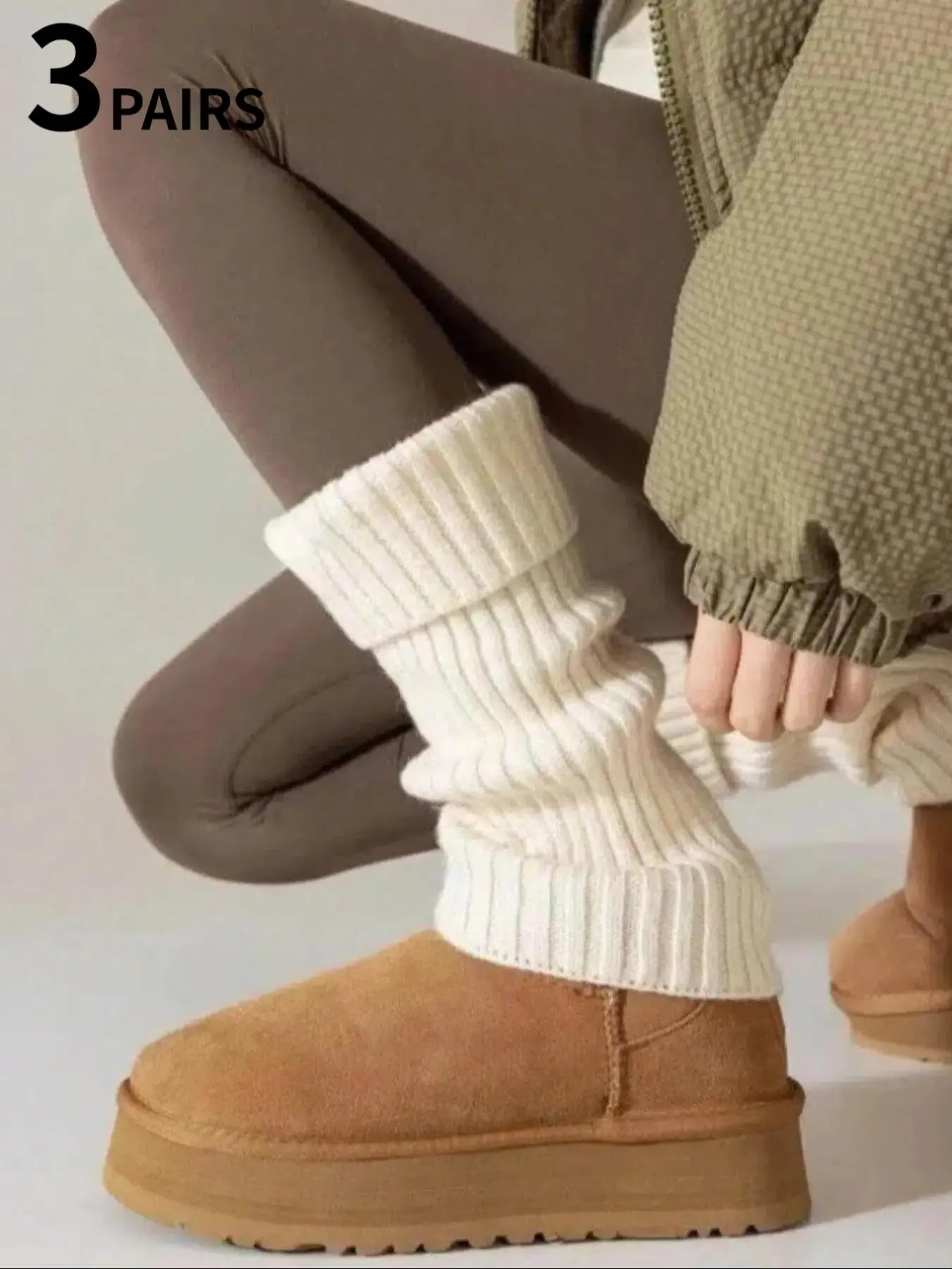 1/3 Pair of Women's Leg Warmers - White Knit Knitted Soft Thermal Fitted Calf Socks, Slouch Socks, Women's Winter Warmers, Casual, Basic, Ideal for Fall and Winter Wear, Womenswear