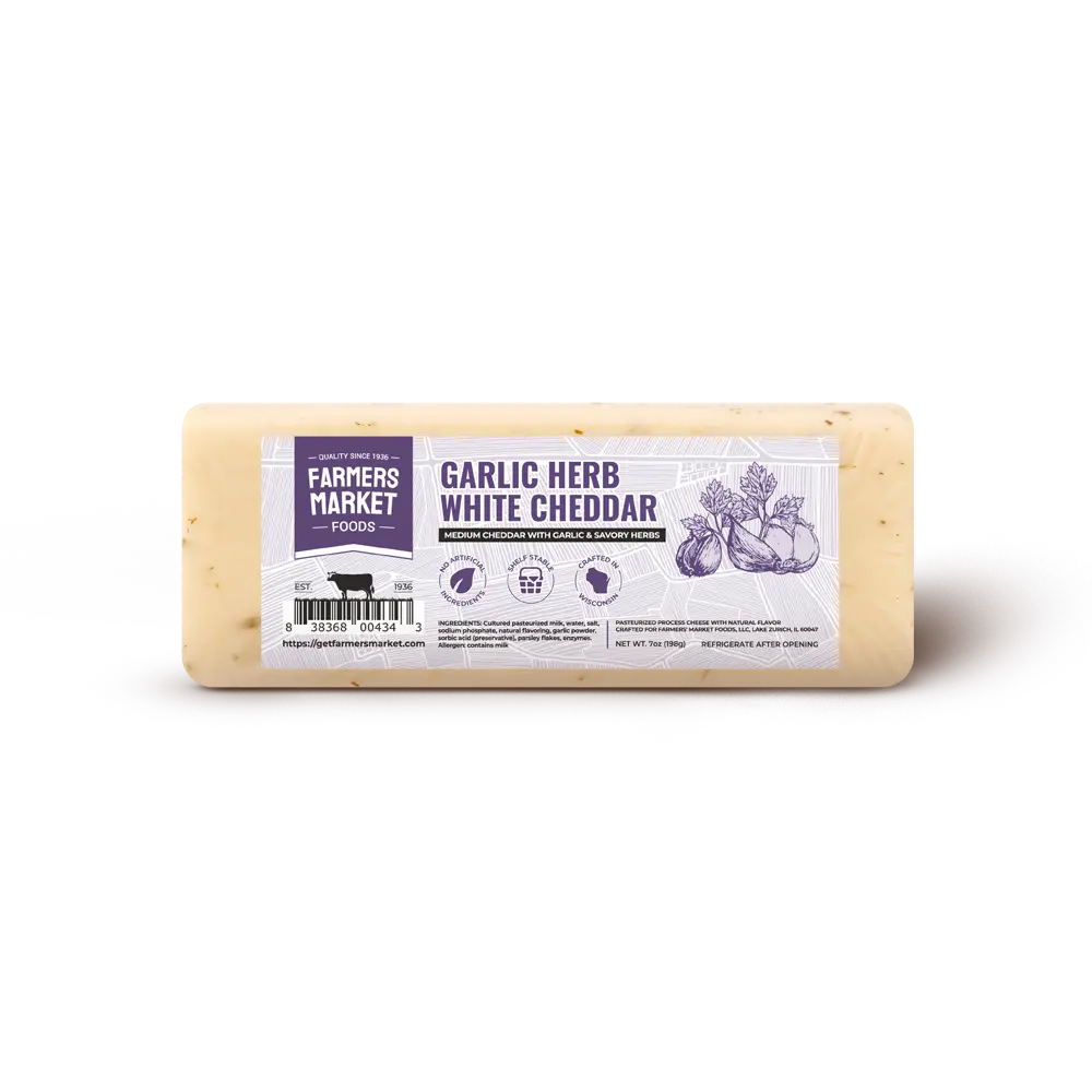 Farmers Market Garlic Herb White Cheddar Cheese Block - Wisconsin Cheese, Gluten Free, Keto Friendly, Zero Sugar, High Protein Snack Cheese, Savory Garlic & Herb Flavor, 7 oz