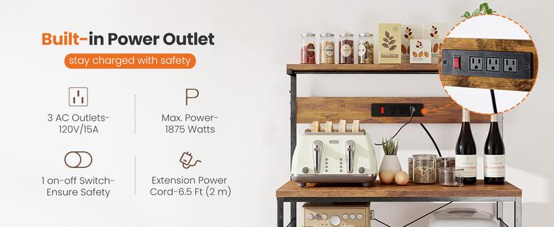Kitchen Bakers Rack with Power Outlet, Coffee Bar Table 4 Tiers, Kitchen Microwave Stand with 6 S-shaped Hooks, Storage Shelf Rack for Spices, Pots and Pans