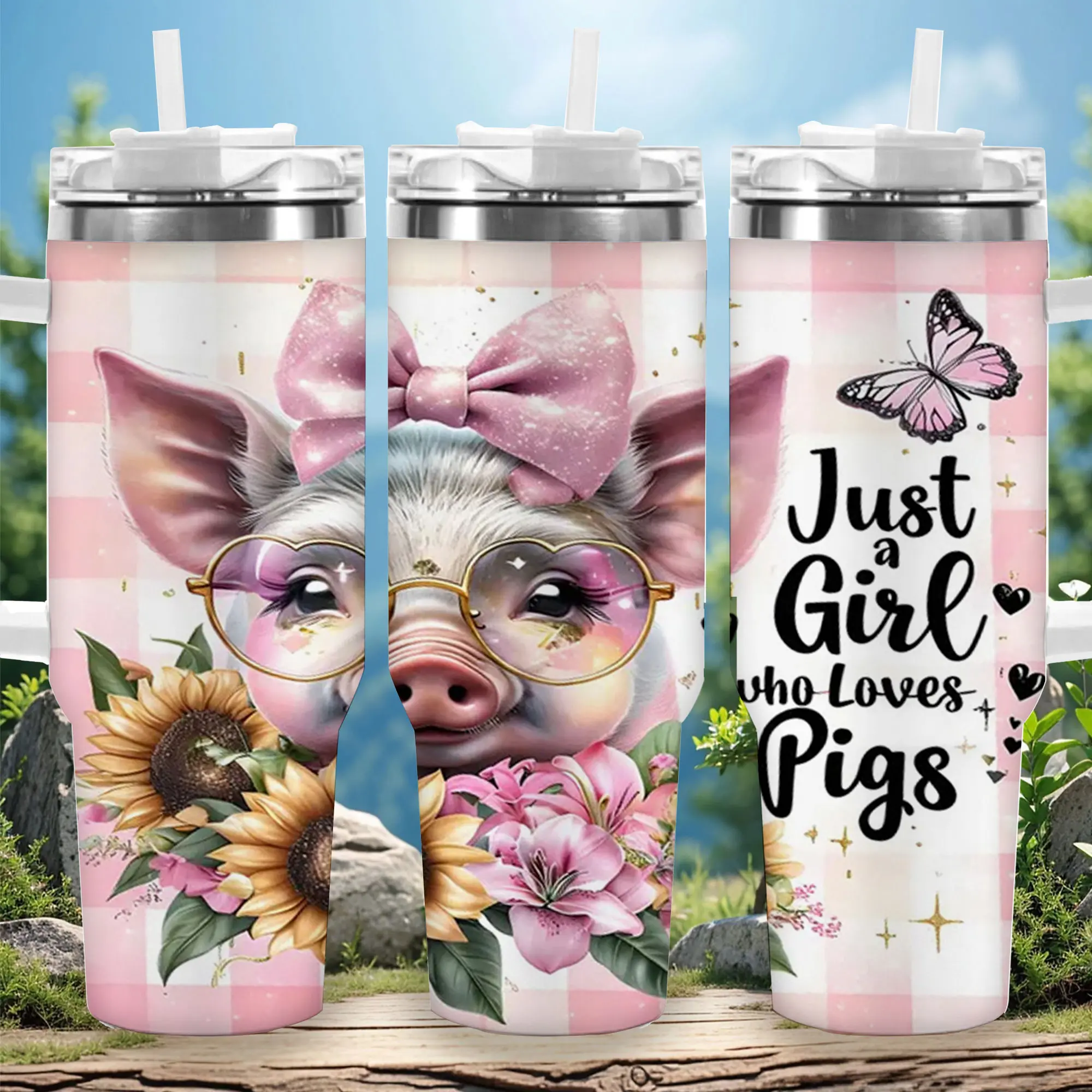 1pc 40oz Cute Pig with Sunflowers & Pink Bow Insulated Travel Tumbler with Lid - Vacuum Flask Coffee Cup, Women's Gift for Birthday, Unique Kitchenware Drinkware Flasks