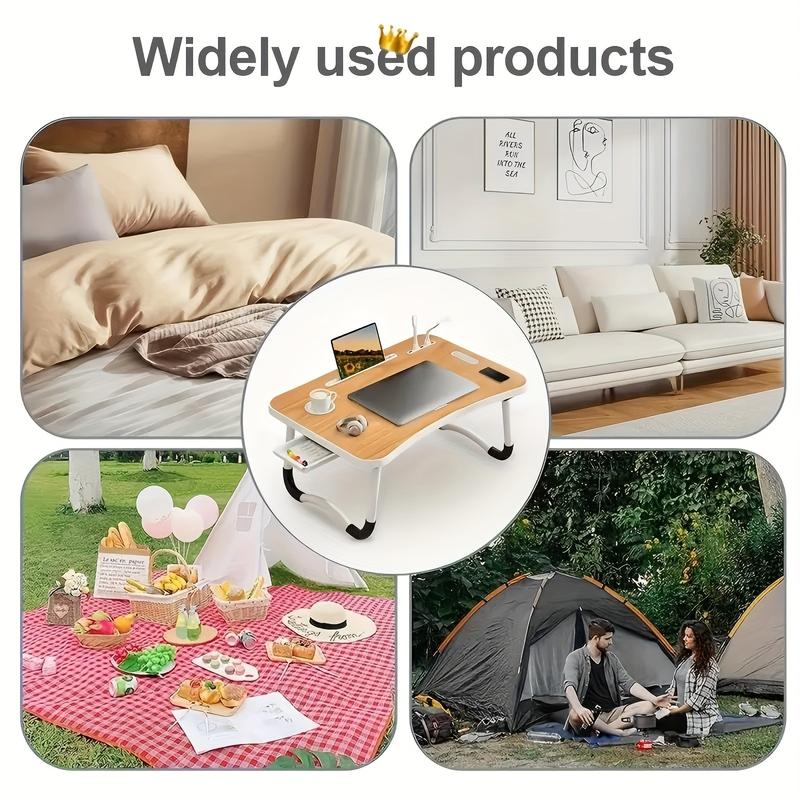 Laptop Bed Table, Foldable Laptop Desk Bed Tray with Storage Drawer, Lap Desk TV Tray for Breakfast Serving, Notebook Stand Reading Holder with Phone Slot and Cup Holder for Sofa Couch Floor