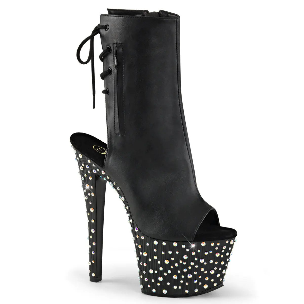 Pleaser Women's Stardance-1018-7 Ankle Boots, Sparkly 7" Stiletto Heel Platform Shoes in Black Vegan Leather with Open Toe & Lace-Up Back, Shoes Heels