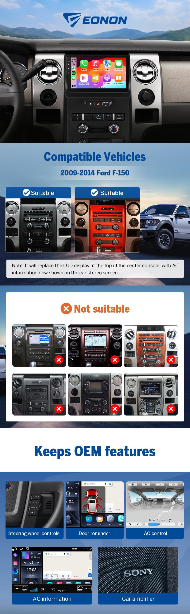 EONON Car Stereo for Ford F150 2009-2014, Wireless CarPlay & Android Auto Car Radio Touch screen, 9" Android 14 Car head unit, Steering wheel controls, Sub, Bluetooth, GPS Navigation, Backup camera - FDF1X7A, FDF1X7S