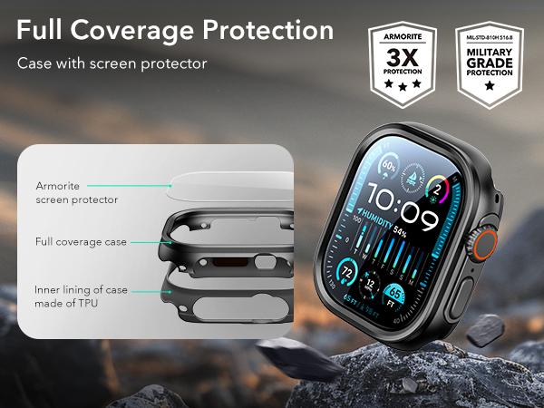 ESR Apple Watch Ultra series Case with Screen Protector 49mm (2025/2024/2023/2022), Military Grade Protection, Slim Protective Cover with 2 Pack Armorite Glass Protector Set, Full Body Bumper for Outdoor Protection