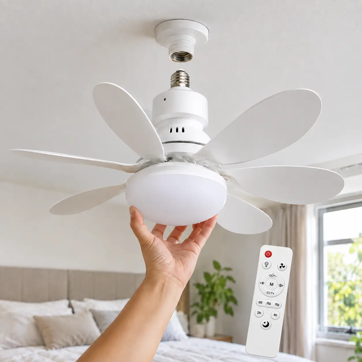 EESOLL 20.5 Inch Socket Fan Light, new socket ceiling fan E26 Screw-In Ceiling Fan with Light, 6-Blade Quiet Fan, 3 Speeds, 3 Color Temperatures, Dimmable LED, Easy Installation for Bedroom, Kitchen, Garage and Dorm