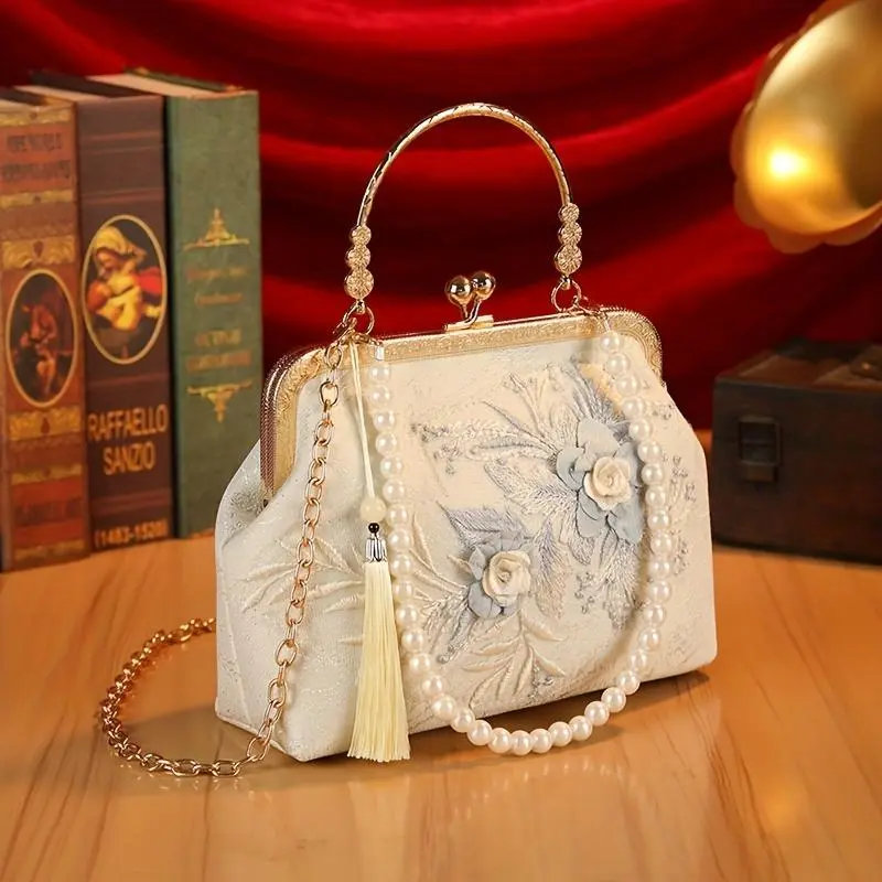 Women's Floral Clutch Purse, Elegant Embroidered Lace Evening Bag for Party with Detachable Strap and Golden-Tone Hardware